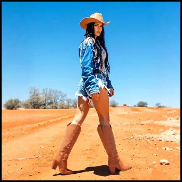 Knee High Cowboy Boots Suede Rhinestone Embroidered Western Chunky Heel Pointed - Picture 3 of 7